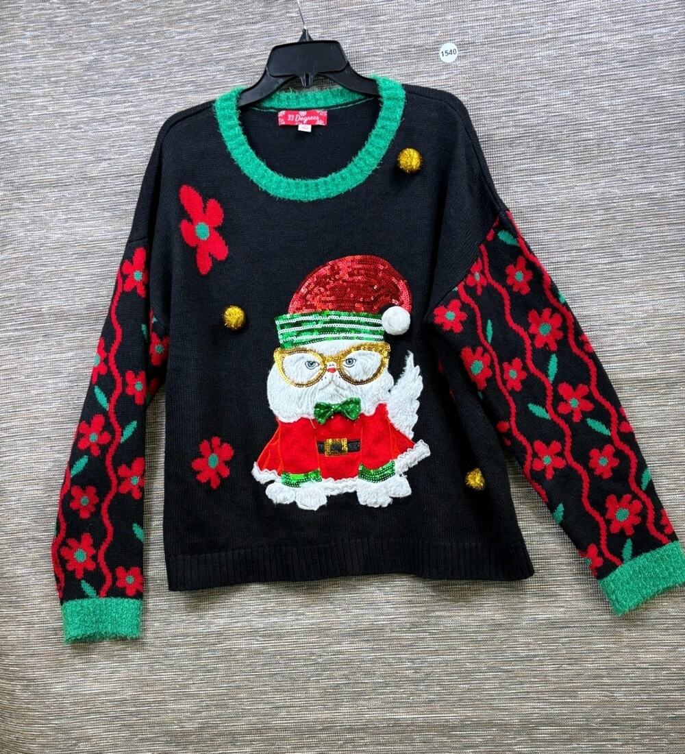 Ugly Christmas Knit Black Sweater Women’s Size 2X Little Cat By 33 Degree
